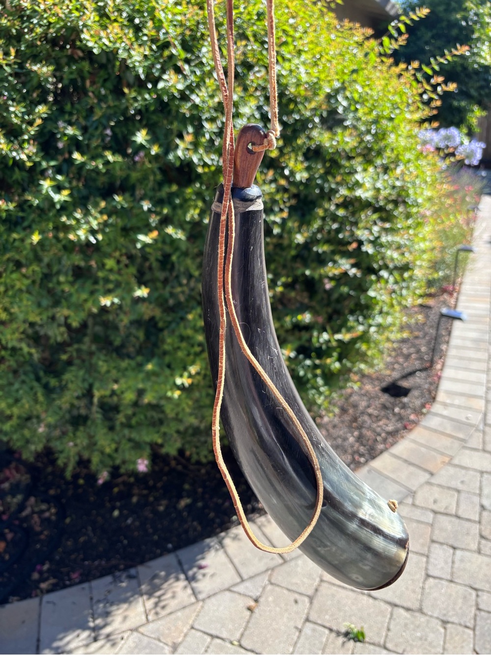 Vintage Muzzleloader Powder Horn with Leather Strap and Wooden Stopper